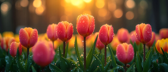 A Field of Pink and Yellow Tulips With the Sun in the Background - obrazy, fototapety, plakaty