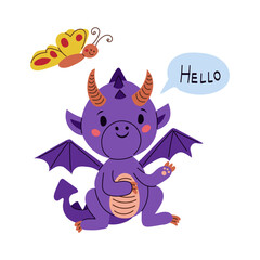 Cute hand drawn flat dragon with butterfly