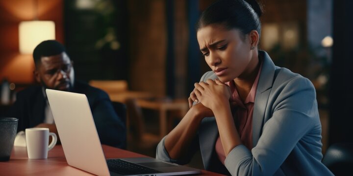 A woman sitting in front of a laptop computer. This image can be used to depict remote work, online communication, or technology usage
