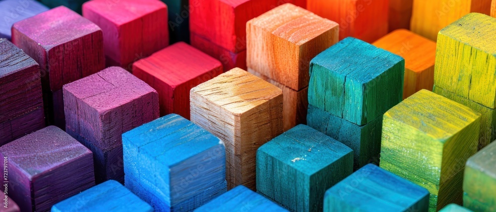 Poster stacked wooden blocks displaying a spectrum of multiple colors