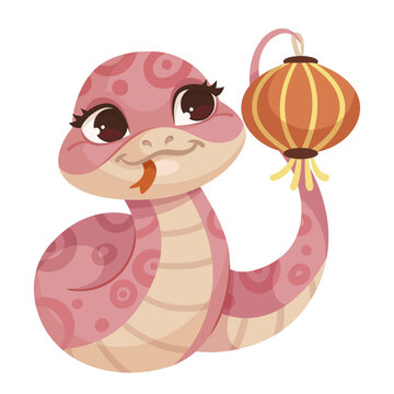 Cartoon cute pink snake isolated on white background. Little child snake character. Chinese horoscope zodiac sign, year of the snake 2025. Friendly character of smiling reptile. Vector illustration