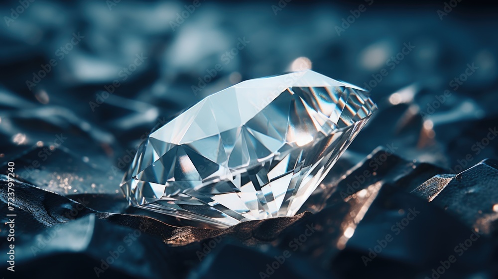 Poster a detailed view of a diamond resting on top of a stack of rocks. this image can be used to depict pr
