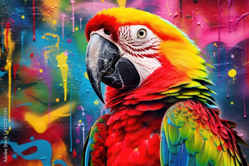 Poster A vibrant parrot perched in front of a colorful background. Perfect for adding a pop of color to any project