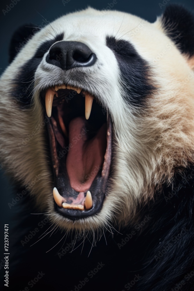 Poster A close-up view of a panda bear with its mouth open. This image can be used to depict the unique features and expressions of pandas.