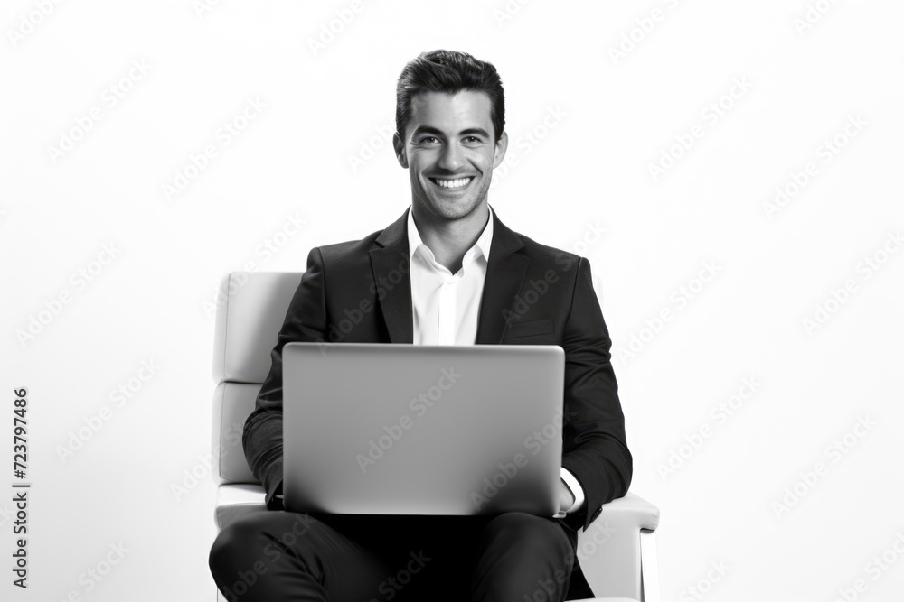 Poster a man sitting in a chair with a laptop. this image can be used to represent work, technology, or pro