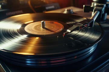A detailed close-up of a record playing on a turntable. Perfect for music enthusiasts and vintage lovers