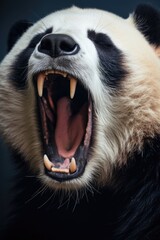 A close-up view of a panda bear with its mouth open. This image can be used to depict the unique...