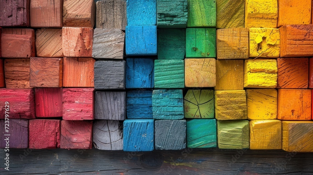 Poster stacked wooden blocks displaying a spectrum of multiple colors