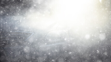snowfall, car, background in a snowstorm with a copy of the space, the headlights of an oncoming car through a thick snowfall, winter view on the highway, headlight light - obrazy, fototapety, plakaty