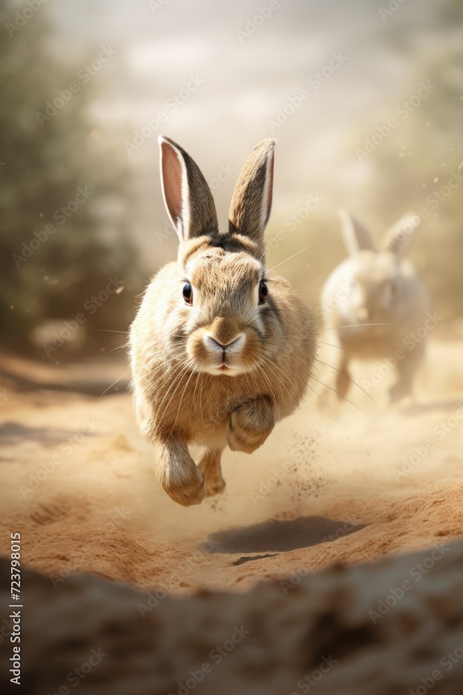 Poster two rabbits running in the dirt. suitable for nature and wildlife themes