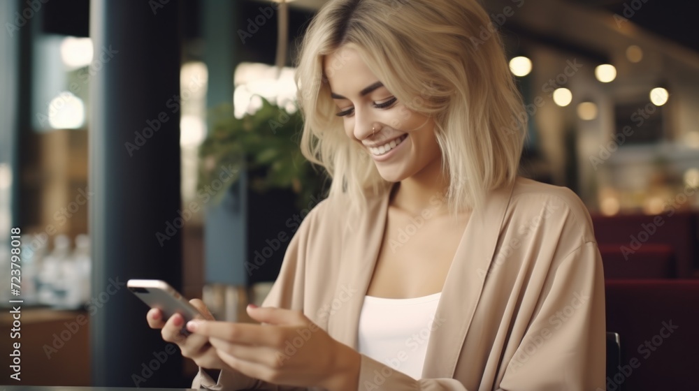 Poster a woman sitting at a table, focused on using her cell phone. suitable for illustrating technology us