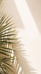 Palm leaf shadow on white wall background. Copy space for text .