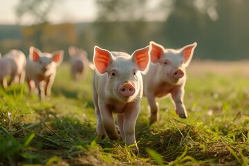 five pigs running towards the camera on green grass in the field