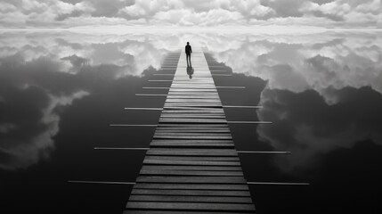Fototapeta premium Surreal picture of person walking on wooden stairs above clouds