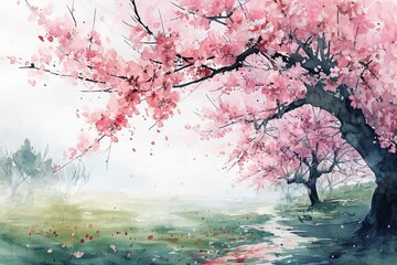 Artistic watercolor landscape with a blooming tree and a flowing river