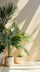 Tropical palm leaves in pots on a beige wall with sunlight