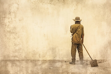 Backward man worker holding shovel in front of old wall