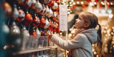 Fototapeta na wymiar A little girl observing the beautiful Christmas ornaments displayed in a store. This image can be used to capture the excitement and wonder of the holiday season