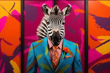 Stylish Zebra in Colorful Suit with Abstract Background