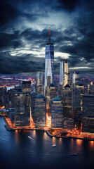 Fototapeta premium New York City skyline at night with skyscrapers over Hudson River .