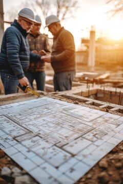 Construction workers discussing building plans at a construction site
