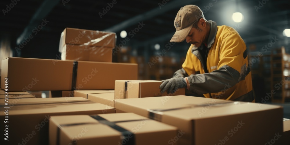Poster a man is seen working in a warehouse, carefully packing boxes onto a conveyor belt. this image can b