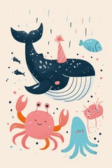 A festive underwater birthday with joyful sea creatures.