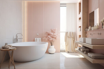 Fototapeta na wymiar Light pink color minimal design luxury decorated bathroom interior