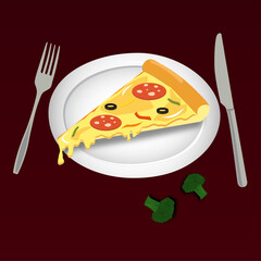 piece of pizza on white plate with fork and knife