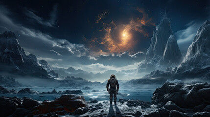 Scene of an astronaut standing on an unknown icy planet