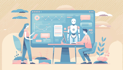 Concept of humans and artificial intelligence working together to solve problems. Vector illustration.