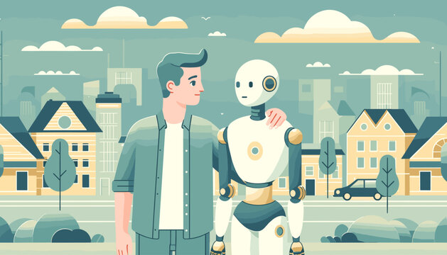 Conceptual image of humans and artificial intelligence living together. Vector illustrationVector illustration