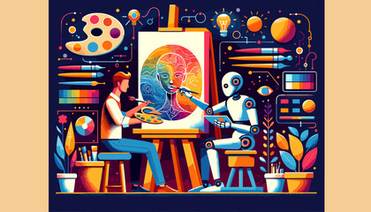 Artificial intelligence works with artists to create works of art concept Image.  Vector Illustration. - obrazy, fototapety, plakaty