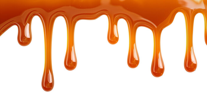 Dripping Melted caramel sauce drops isolated on transparent background