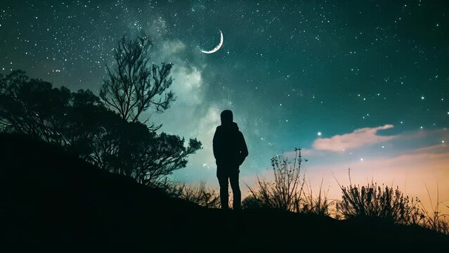 A person looking up at a clear night sky, capturing the stars and moon in a moment of stillness and wonder.