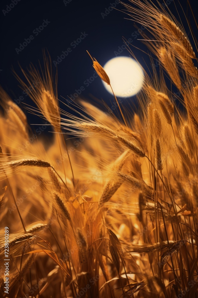 Poster a beautiful field of wheat with a full moon shining in the background. perfect for nature or agricul