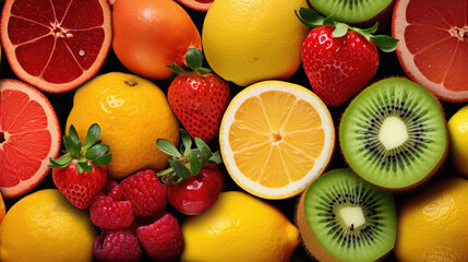 Citrus fruit background with lemons, grapefruits and strawberries