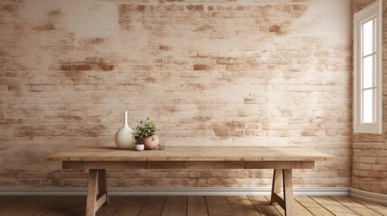 A simple yet elegant table with two vases placed on top, positioned in front of a sturdy brick wall.