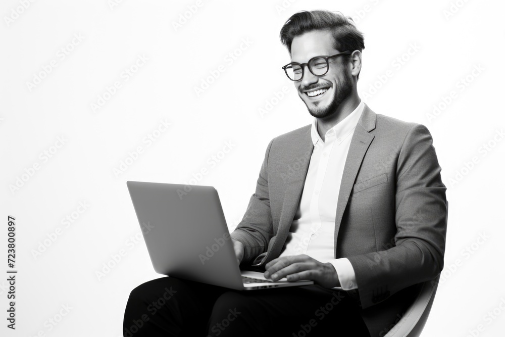 Poster a man is sitting in a chair with a laptop. this image can be used to depict working from home or rem