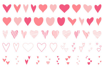 Set of hand drawn pink and red hearts. Vector illustration.