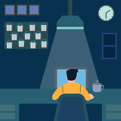Vector cartoon background of overtime at dark room