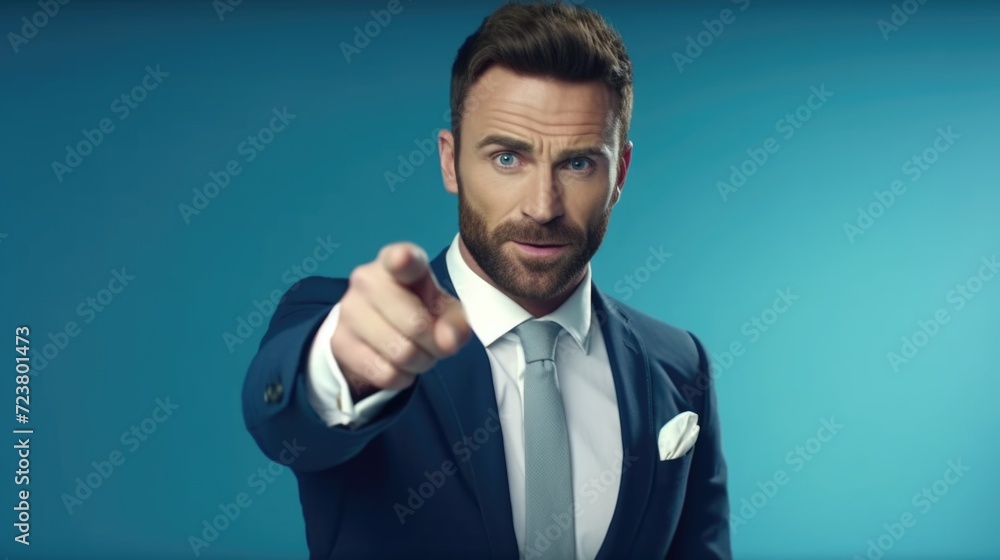 Poster a man in a suit pointing directly at the camera. suitable for business, marketing, and communication