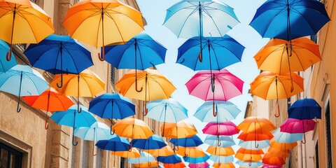 Umbrellas hanging from the side of a building. Suitable for urban and rainy day concepts