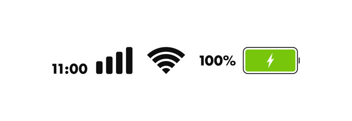 Phone life bar status. Mobile indicator of time, wifi signal, level of mobile communication and battery level of charge. Icons for UI, UX design. Vector illustration
