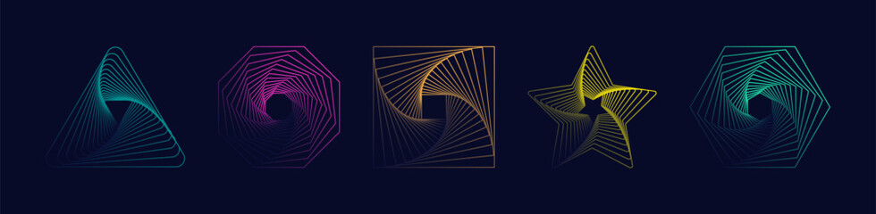 Set of abstract twisted gradient spirals. Twisted wireframe tunnel with lines in the form of a triangle, square, hexagon, octagon and star. Vector illustration