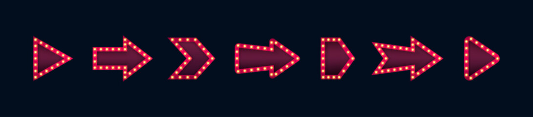 Set of retro lightbox in arrow shape on dark background. Arrow design for pointer, direction, orientation and navigation. Vector illustration - obrazy, fototapety, plakaty
