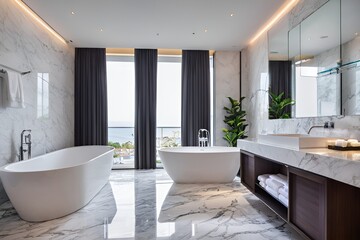 beautiful interior of a modern white marble hotel bathroom with bathtub and towels. modern bathroom interior