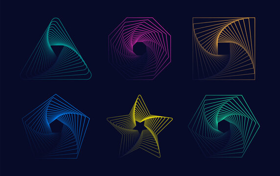 Set of abstract twisted gradient spirals. Twisted wireframe tunnel with lines in the form of a triangle, square, pentagon, hexagon, octagon and star. Vector illustration