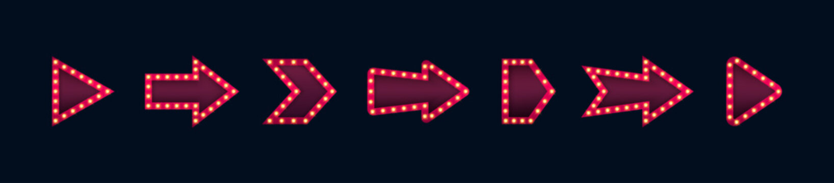 Set of retro lightbox in arrow shape on dark background. Arrow design for pointer, direction, orientation and navigation. Vector illustration