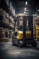 A forklift parked inside a warehouse. Suitable for industrial and logistics concepts